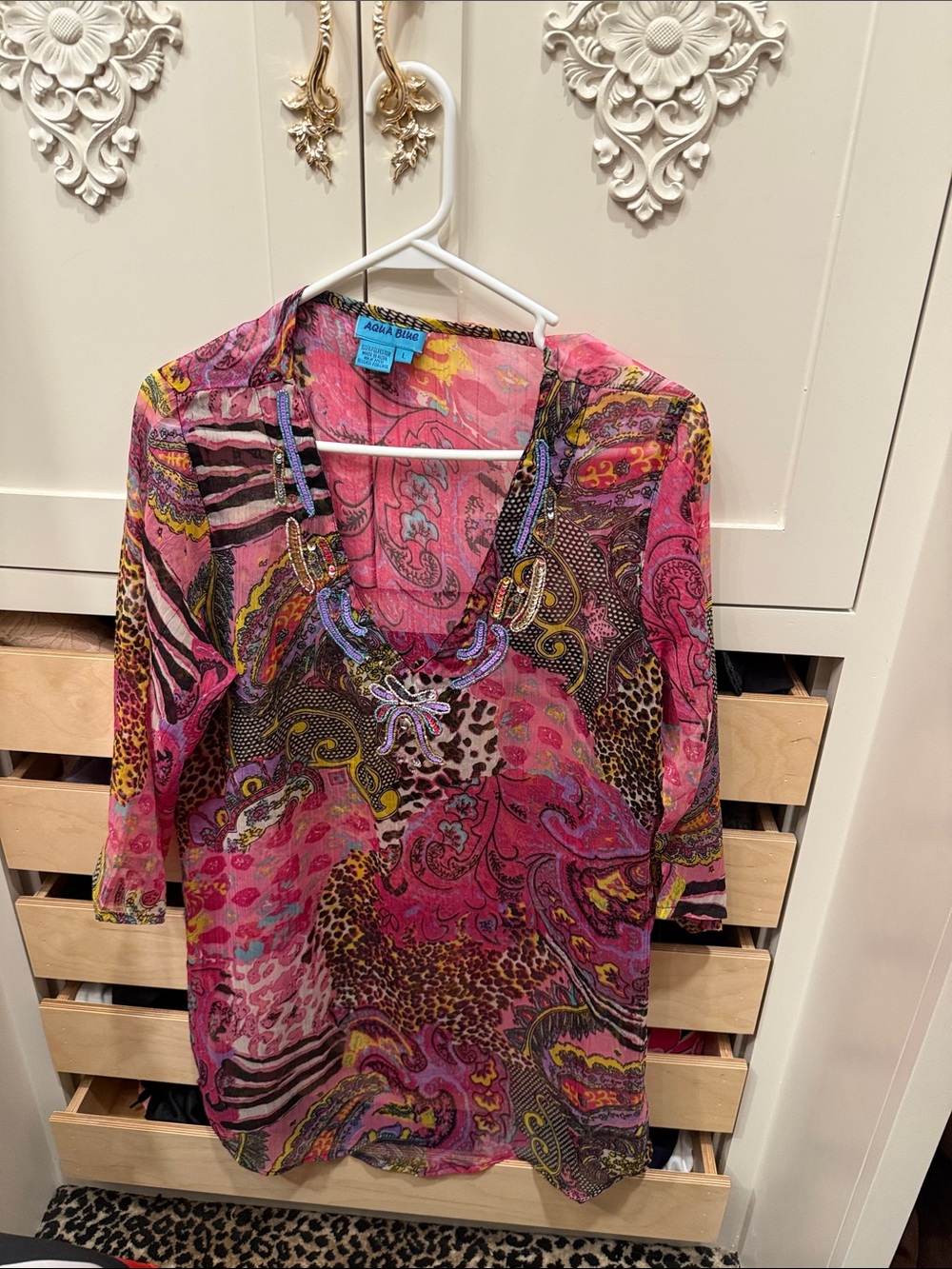 Aqua Blue Pink Paisley Print Swim Coverup